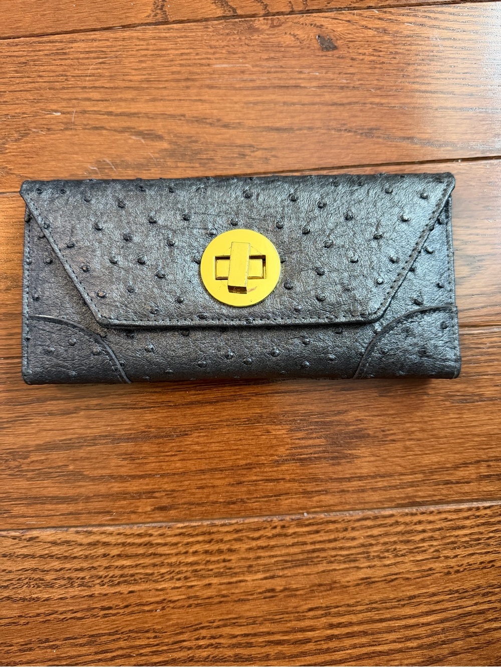 Dark Gray / Black Ostrich-Textured Envelope Wallet or Clutch w/ Gold Turn-Lock.